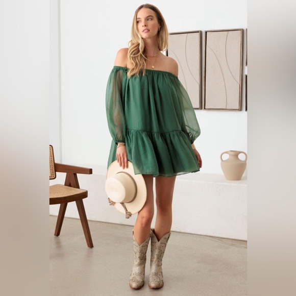 NWT-Organza Long Off Shoulder Wide Sleeve Mini Dress - Picture 4 of 6